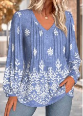 Denim Blue Curved Hem Feathers Print Long Sleeve Blouse | thumb picture 