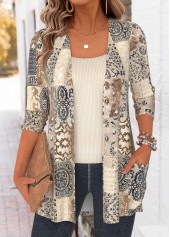 Light Camel Tummy Coverage Tribal Print Long Sleeve Coat