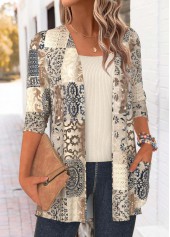Light Camel Tummy Coverage Tribal Print Long Sleeve Coat | thumb picture 