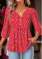 Red Tummy Coverage Heart Print 3/4 Sleeve Blouse