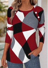 Wine Red Tummy Coverage Geometric Print T Shirt