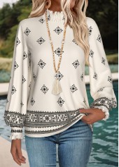 Beige Patchwork Tribal Print Long Sleeve T Shirt | thumb picture 