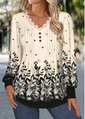 Beige Tuck Stitch Floral Print Long Sleeve T Shirt | thumb picture 