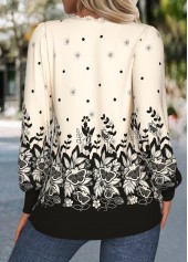Beige Tuck Stitch Floral Print Long Sleeve T Shirt | thumb picture 