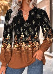 Dark Coffee Tummy Coverage Floral Print Long Sleeve Blouse
