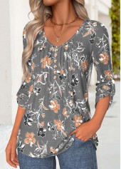 Dark Grey Tummy Coverage Floral Print Long Sleeve Blouse | thumb picture 