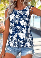Navy Tummy Coverage Floral Print Sleeveless Tank Top