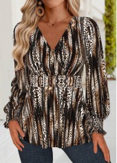 Dark Coffee Corset Leopard Long Sleeve V Neck Blouse