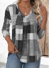 Grey Tummy Coverage Geometric Print Long Sleeve T Shirt