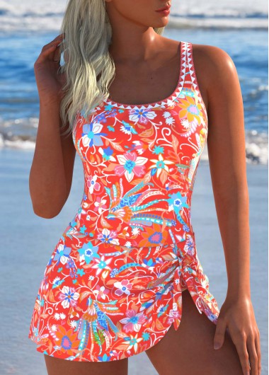women clothes image of Tie Floral Print Coral One Piece Swimdress