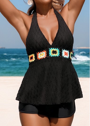 women clothes image of Tummy Coverage Mid Waisted Floral Print Black Tankini Set