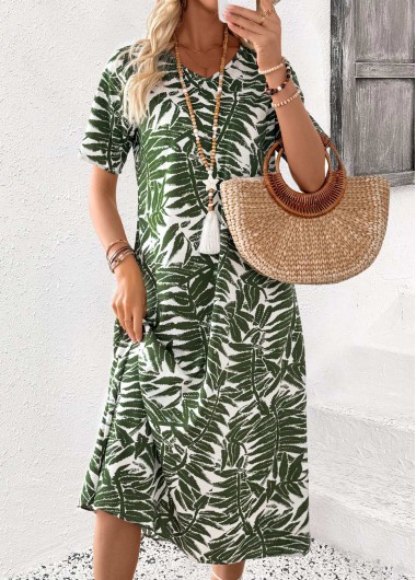 women clothes image of Olive Green Tummy Coverage Plants Print Short Sleeve Dress