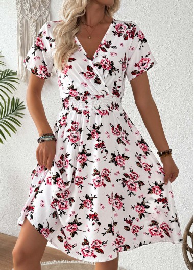 women clothes image of Pink Tummy Coverage Floral Print Short Sleeve Dress