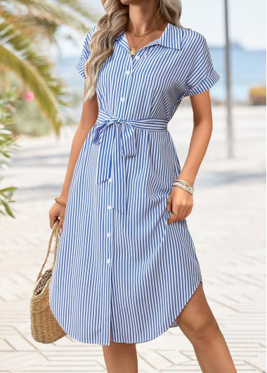 women clothes image of Blue Tummy Coverage Striped Belted Short Sleeve Dress