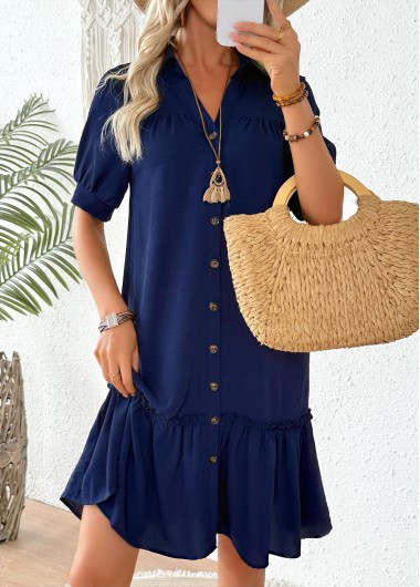 women clothes image of Navy Patchwork Half Sleeve Shirt Collar Dress