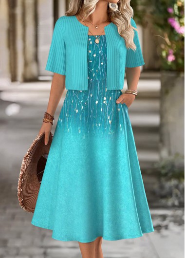 women clothes image of Mint Green Tummy Coverage Leaf Print Dress and Cardigan