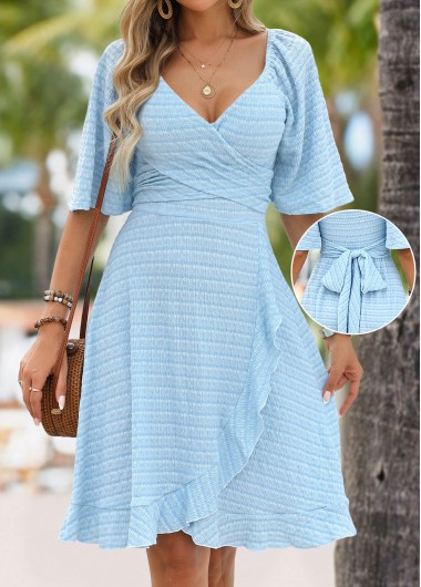 women clothes image of Light Blue Tummy Coverage Half Sleeve V Neck Dress