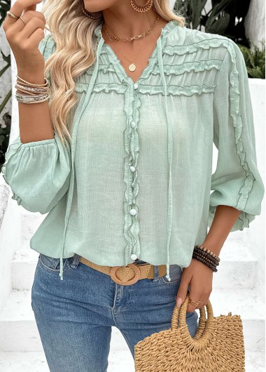 women clothes image of Mint Green Tummy Coverage Long Sleeve Split Neck Shirt