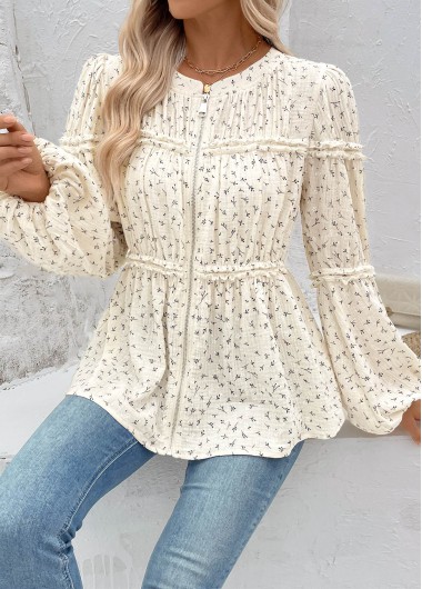women clothes image of Beige Peplum Ditsy Floral Print Long Sleeve Blouse
