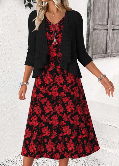 women clothes image of Red Tummy Coverage Floral Print Dress and Cardigan