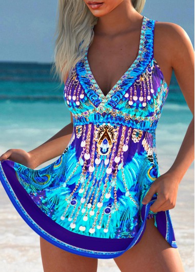 women clothes image of High Waisted Tribal Print Purplish Blue Tankini Set