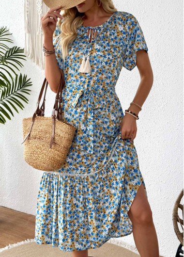 women clothes image of Blue Ditsy Floral Print Patchwork Belted Short Sleeve Dress
