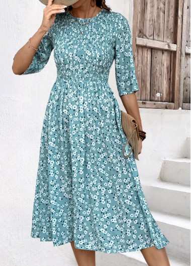 women clothes image of Blue Smocked Ditsy Floral Print Half Sleeve Dress