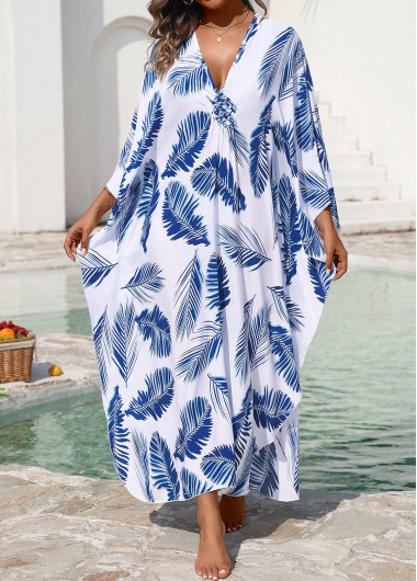 women clothes image of Pull On Leaf Print Blue Cover Up
