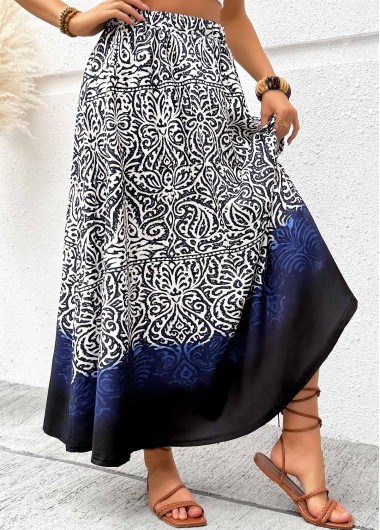 women clothes image of Navy Tribal Print A Line Elastic Waist Maxi Skirt