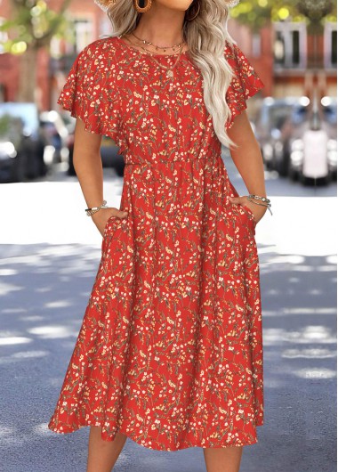 women clothes image of Orange Tummy Coverage Ditsy Floral Print Short Sleeve Dress