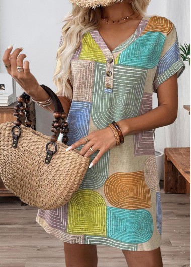 women clothes image of Multi Color Patchwork Geometric Print Short V Neck Dress