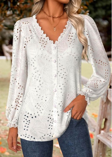 women clothes image of White Frill Long Sleeve V Neck Blouse