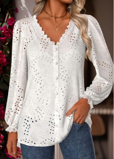 women clothes image of White Frill Long Sleeve V Neck Blouse
