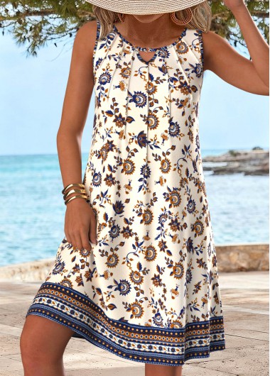 women clothes image of Multi Color Tuck Stitch Tribal Print Short Sleeveless Dress