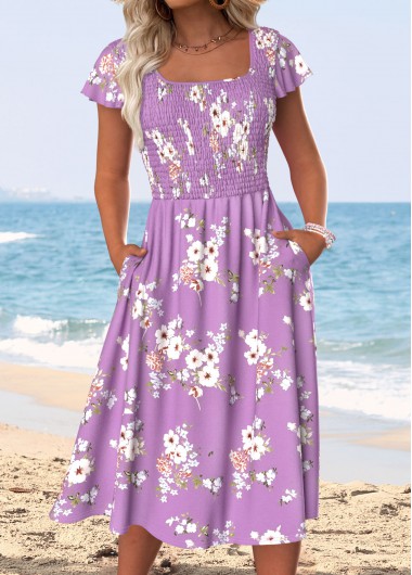 women clothes image of Light Purple Tummy Coverage Floral Print Belted Dress