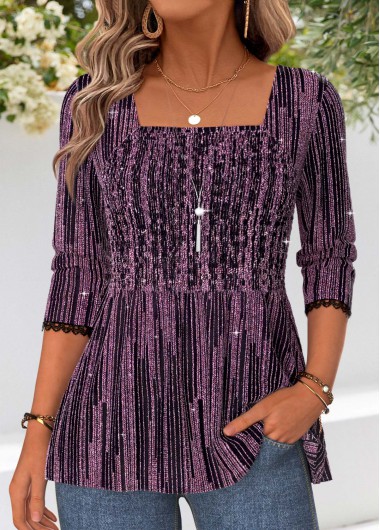 women clothes image of Purple Peplum Long Sleeve Square Neck Blouse