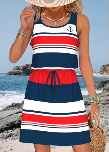 women clothes image of Multi Color Tummy Coverage Striped Short Sleeveless Dress