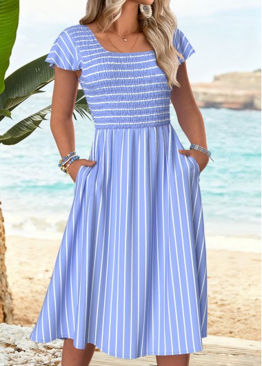 women clothes image of Light Blue Tummy Coverage Striped Short Sleeve Dress