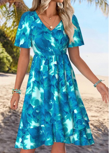 women clothes image of Cyan Tummy Coverage Tie Dye Print Short Sleeve Dress