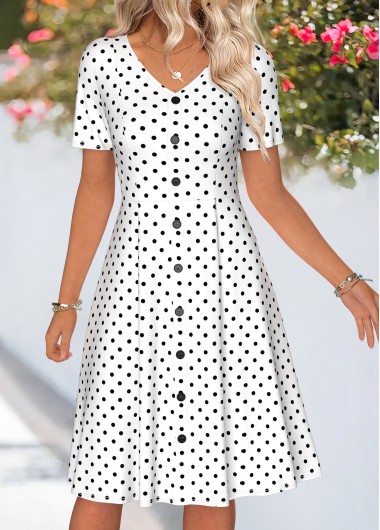 women clothes image of White Tummy Coverage Polka Dot Short Sleeve Dress