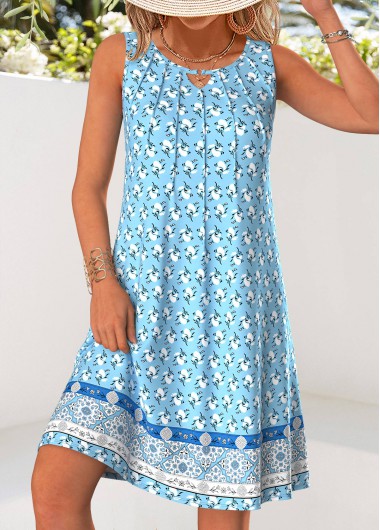 women clothes image of Light Blue Tummy Coverage Floral Print Sleeveless Dress