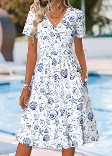 women clothes image of White Tummy Coverage Marine Life Print Short Sleeve Dress
