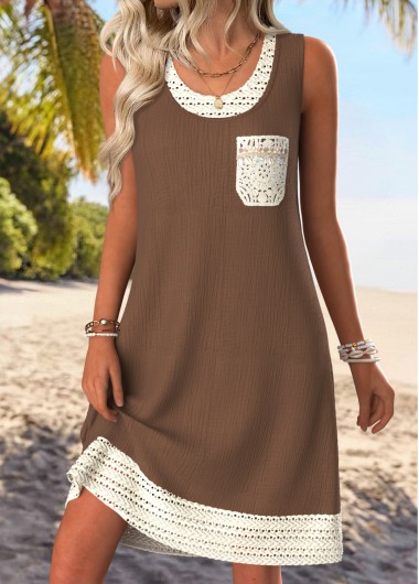 women clothes image of Dark Coffee Tummy Coverage Sleeveless Round Neck Dress