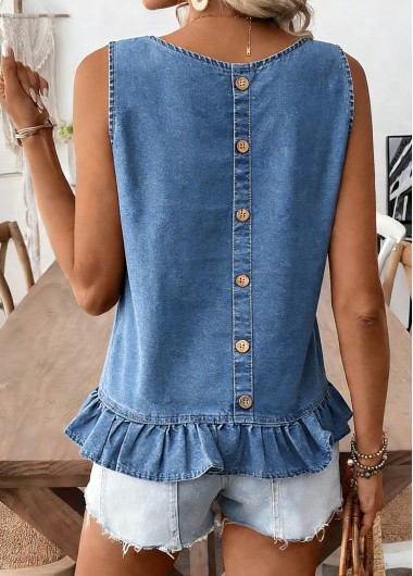 women clothes image of Denim Blue Tummy Coverage Sleeveless Round Neck Tank Top