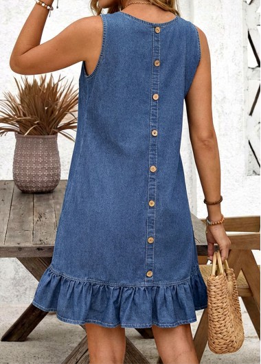 women clothes image of Denim Blue Button Short Sleeveless Round Neck Dress