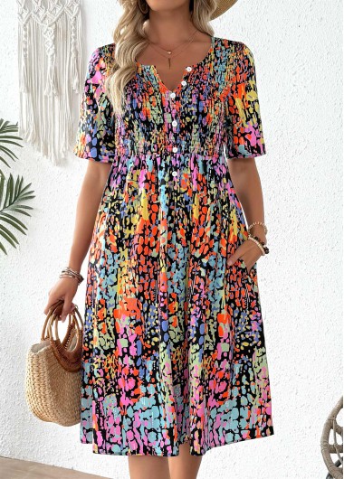 women clothes image of Multi Color Smocked Tribal Print Short Sleeve Dress