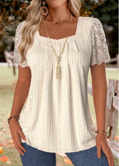 women clothes image of Beige Tummy Coverage Short Sleeve Square Neck T Shirt