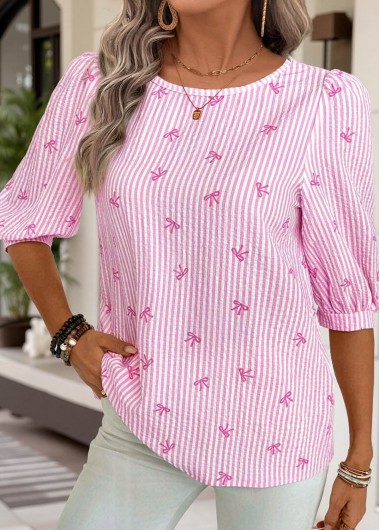 women clothes image of Pink Tummy Coverage Striped Half Sleeve T Shirt