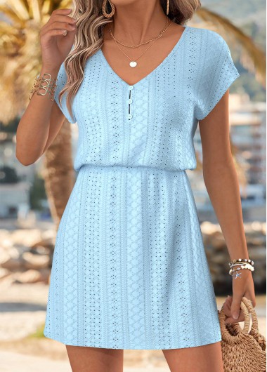 women clothes image of Light Blue Tummy Coverage Short V Neck Dress