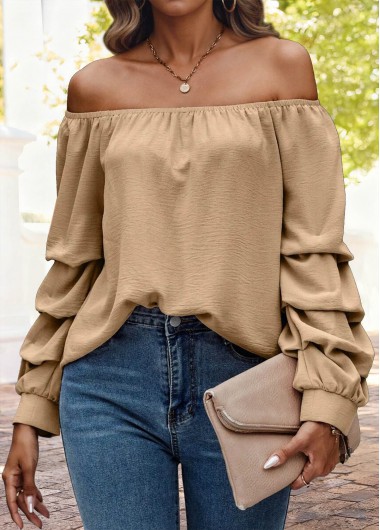 women clothes image of Light Camel Tummy Coverage Long Sleeve Off Shoulder Blouse